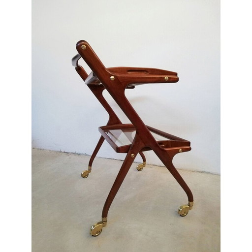 Vintage wooden bar cart with sliding trays by Cesare Lacca, 1950