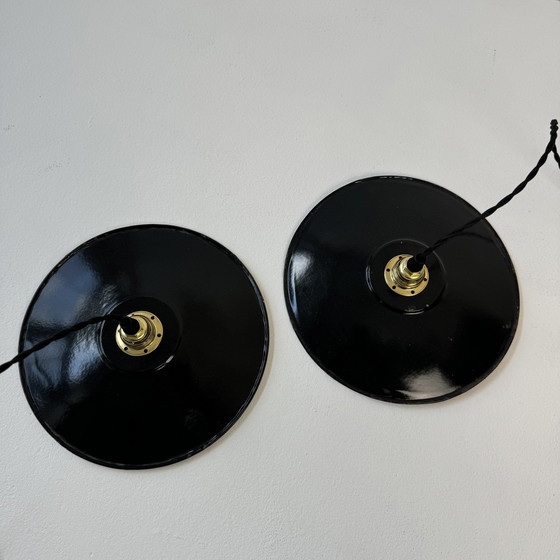 Image 1 of Pair Of Antique Black Enameled Industrial Hangers