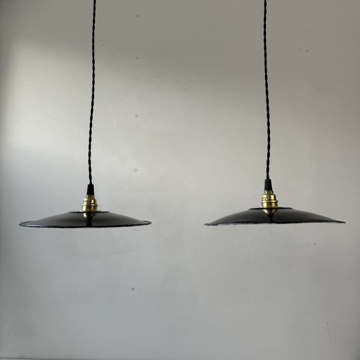 Pair Of Antique Black Enameled Industrial Hangers