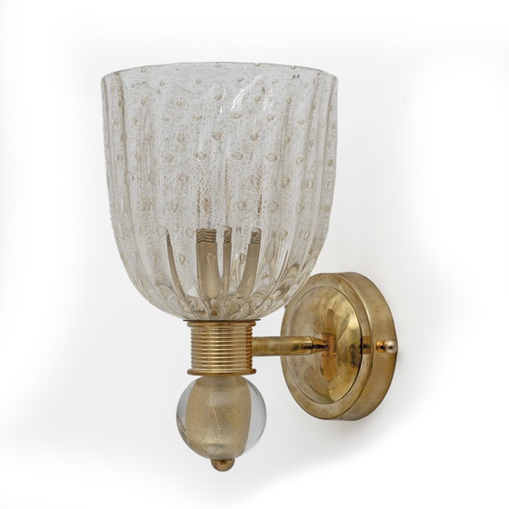 Image 1 of Attributed To Barovier & Toso Brass And Pulegoso Murano Glass Sconces, Pair