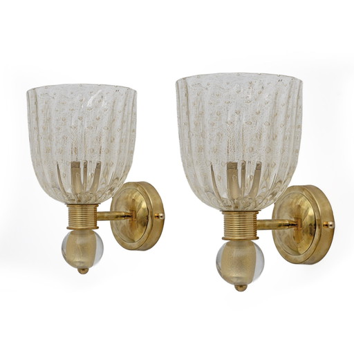 Attributed To Barovier & Toso Brass And Pulegoso Murano Glass Sconces, Pair