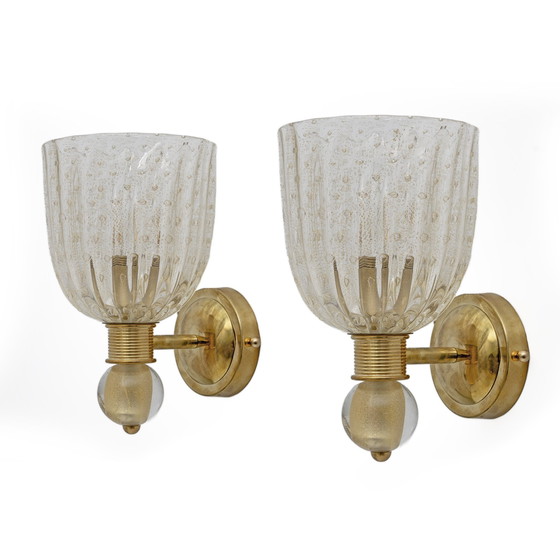 Image 1 of Attributed To Barovier & Toso Brass And Pulegoso Murano Glass Sconces, Pair