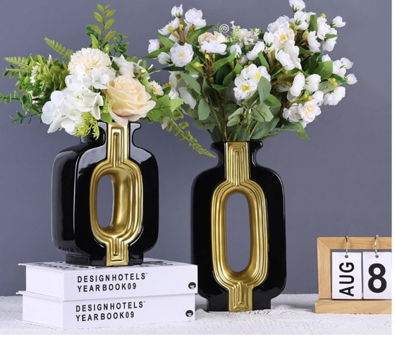 Image 1 of Black And Gold Ceramic Square Vases