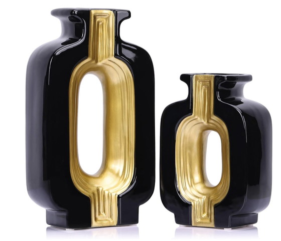 Image 1 of Black And Gold Ceramic Square Vases