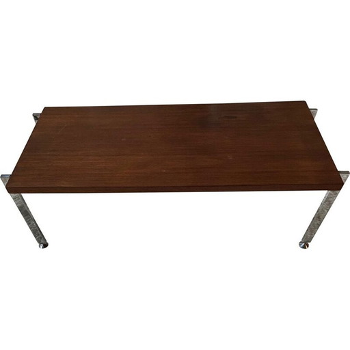 Vintage coffee table in chromed metal and teak in the style of Knoll, 1970