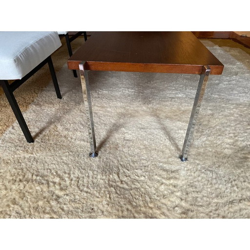 Vintage coffee table in chromed metal and teak in the style of Knoll, 1970