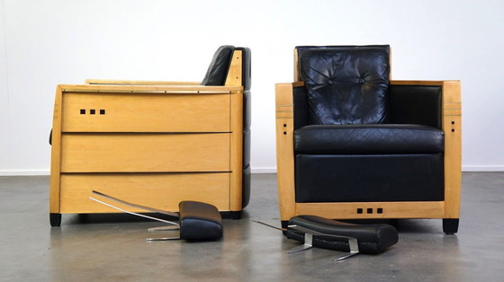 Image 1 of 2 X Black Leather Schuitema Armchairs With Wood Made For The Holland-America