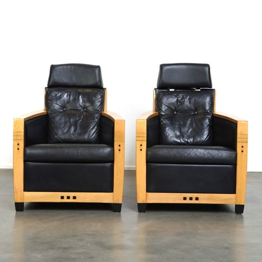 2 X Black Leather Schuitema Armchairs With Wood Made For The Holland-America