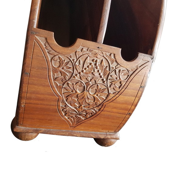 Image 1 of Indonesian Colonial Art Deco Hand Carved Wooden Magazine Rack