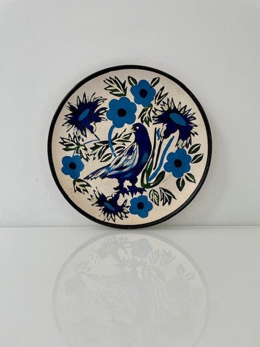 Vintage Wall Plate Hand Painted Ceramic With Bird And Flower Motifs
