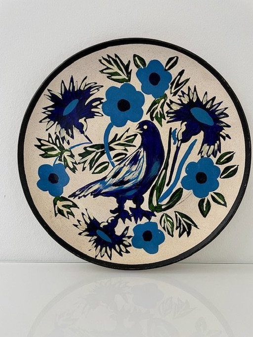 Vintage Wall Plate Hand Painted Ceramic With Bird And Flower Motifs