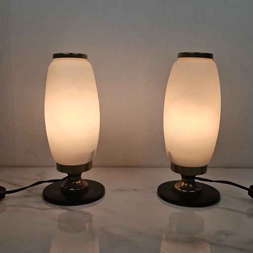 Italian Pair Of Small Opaline Glass Table Or Bedside Lights, 1950'S