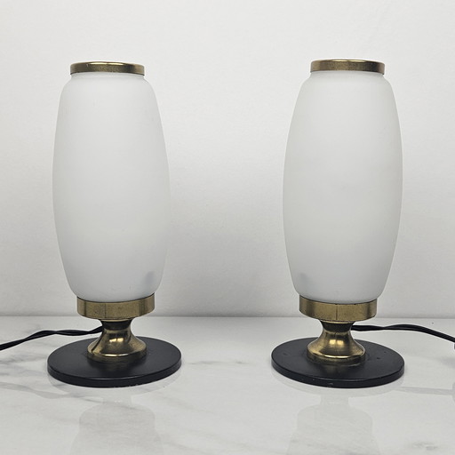 Italian Pair Of Small Opaline Glass Table Or Bedside Lights, 1950'S