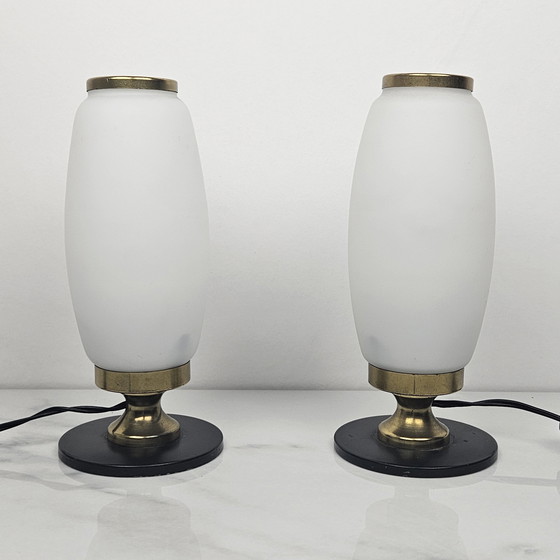 Image 1 of Italian Pair Of Small Opaline Glass Table Or Bedside Lights, 1950'S