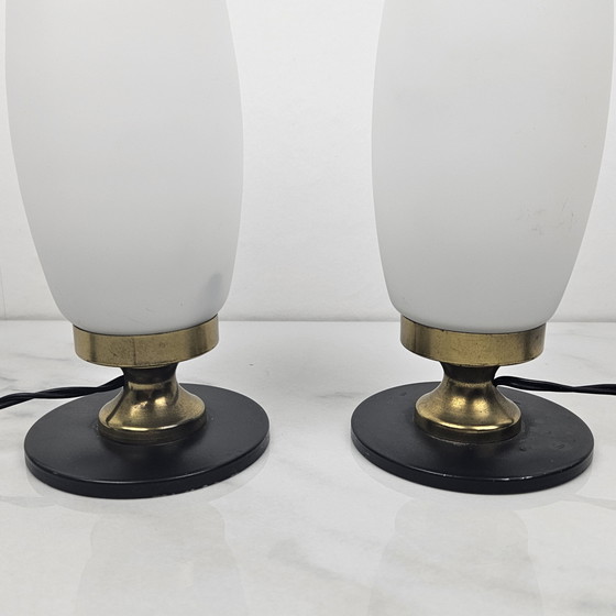 Image 1 of Italian Pair Of Small Opaline Glass Table Or Bedside Lights, 1950'S