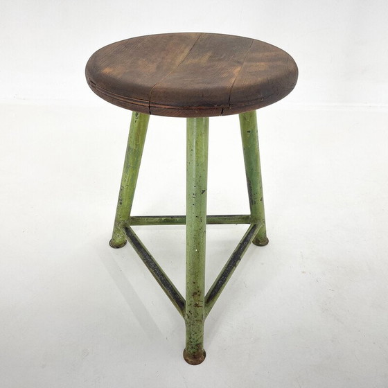 Image 1 of Vintage tripod stool in steel and wood, Czechoslovakia 1950