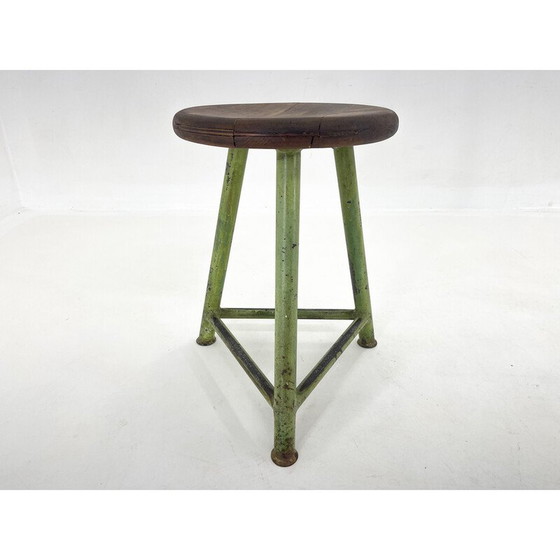 Image 1 of Vintage tripod stool in steel and wood, Czechoslovakia 1950