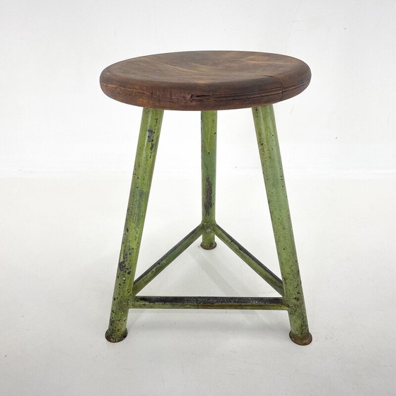 Image 1 of Vintage tripod stool in steel and wood, Czechoslovakia 1950