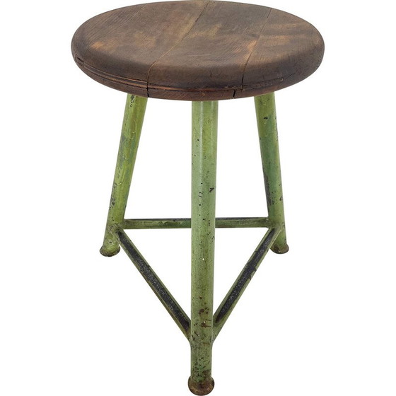 Image 1 of Vintage tripod stool in steel and wood, Czechoslovakia 1950