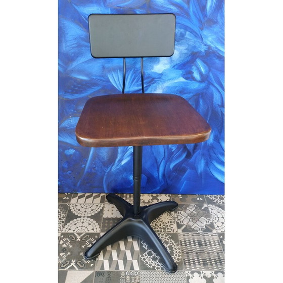 Image 1 of Industrial automatic adjustable stool with backrest by Kewaunee Mfg, USA 1930s