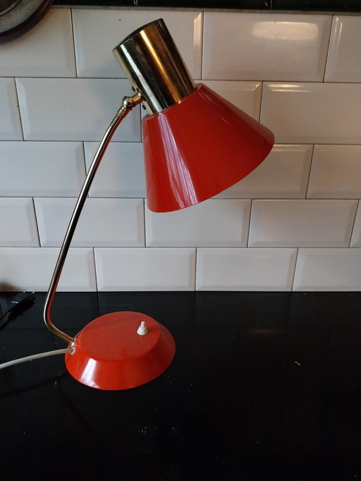 1 X Red With Brass Czech Table Lamp 1960'S