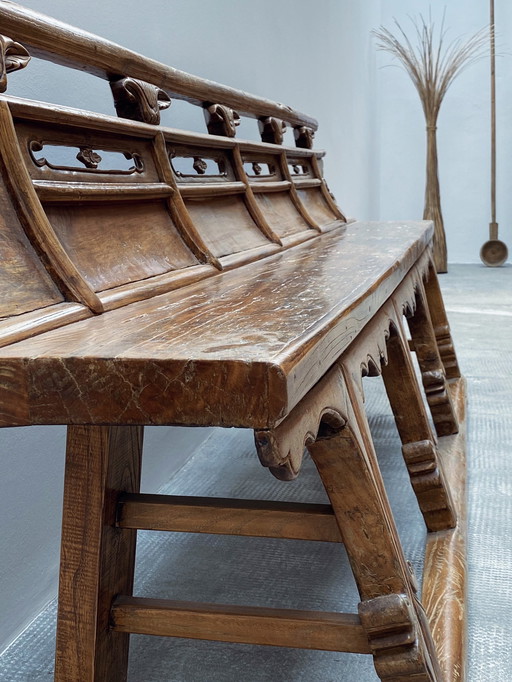 Antique bench opera theater bench made of solid elm wood, Shanxi China 19th century