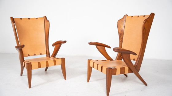Image 1 of Mid-Century Pair Of Highback Armchairs By Guglielmo Pecorini, Italy, 1930S - New Leather