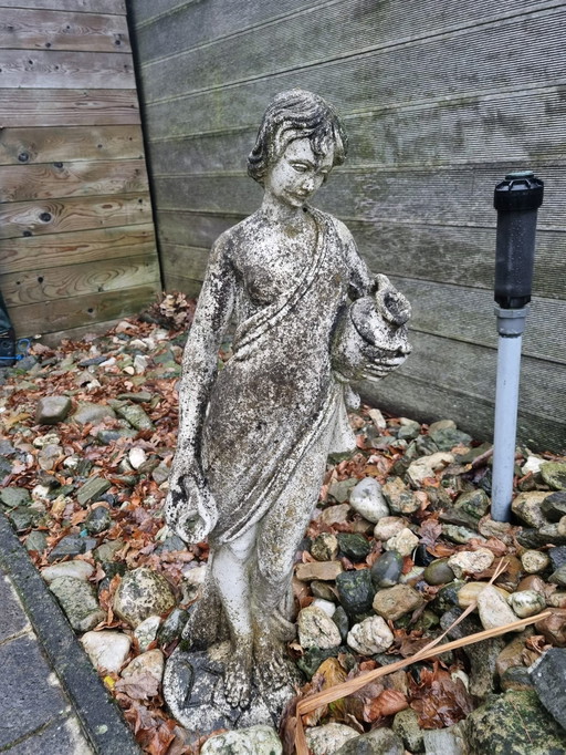 Garden Statue Half-Naked Woman On Pedestal Concrete With Jars Nymph