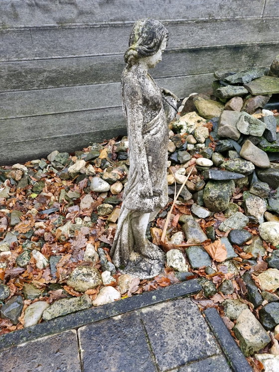 Image 1 of Garden Statue Half-Naked Woman On Pedestal Concrete With Jars Nymph