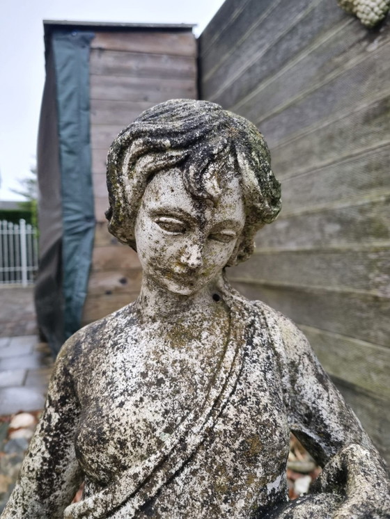 Image 1 of Garden Statue Half-Naked Woman On Pedestal Concrete With Jars Nymph