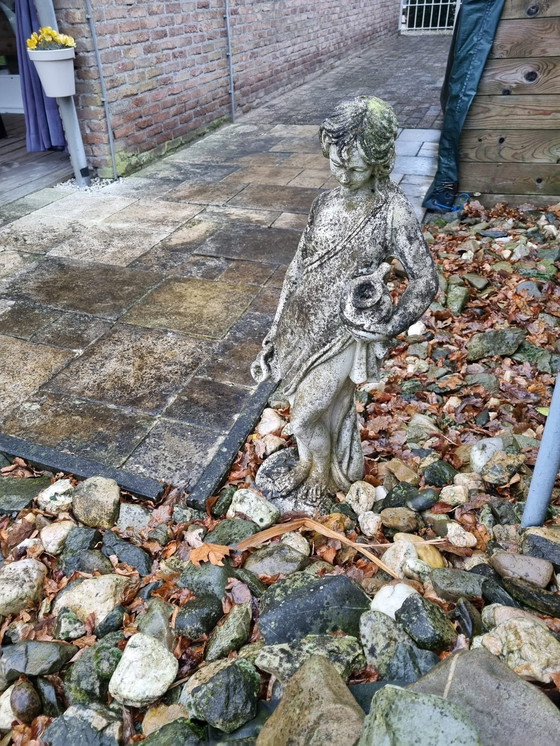 Image 1 of Garden Statue Half-Naked Woman On Pedestal Concrete With Jars Nymph