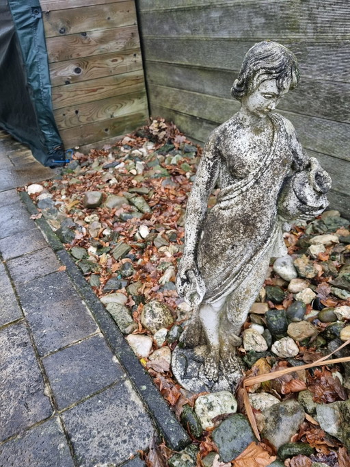 Garden Statue Half-Naked Woman On Pedestal Concrete With Jars Nymph