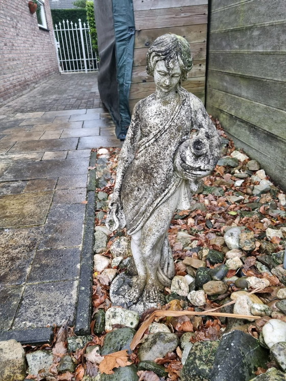 Image 1 of Garden Statue Half-Naked Woman On Pedestal Concrete With Jars Nymph