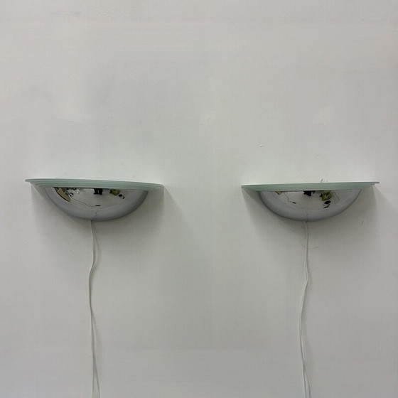 Image 1 of Pair of vintage wall lamps in chrome and glass, 1980s