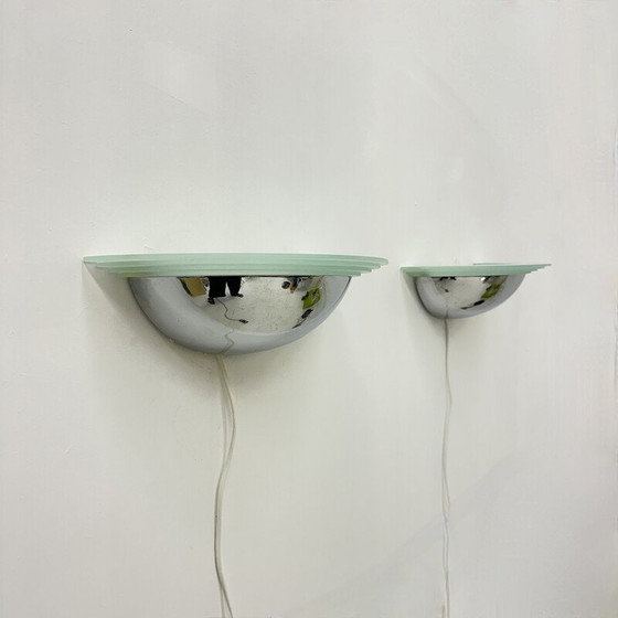 Image 1 of Pair of vintage wall lamps in chrome and glass, 1980s