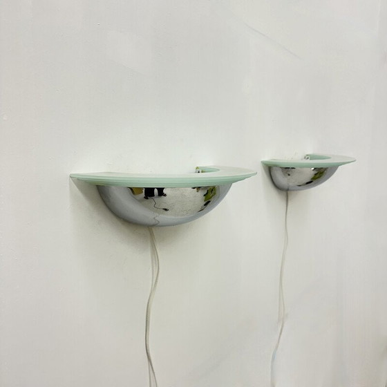 Image 1 of Pair of vintage wall lamps in chrome and glass, 1980s