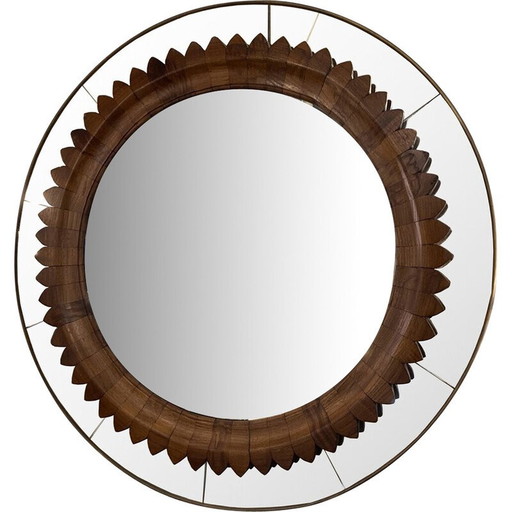 Vintage circular wall mirror in walnut frame by Fratelli Marelli, Italy 1950