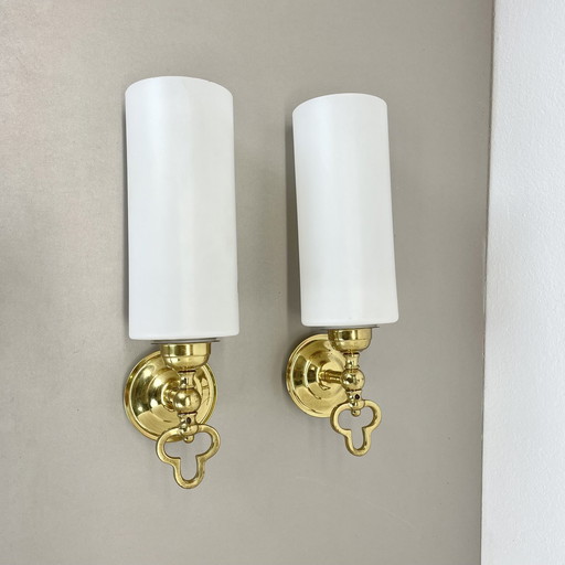 Set Of Two Brass And Satin Glass Theatre Wall Lights Sconces, Italy, 1970S