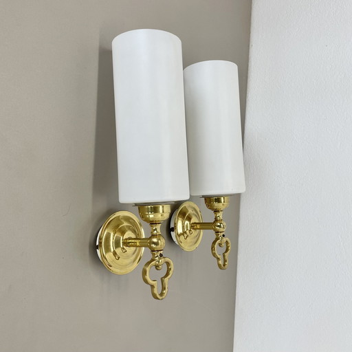 Set Of Two Brass And Satin Glass Theatre Wall Lights Sconces, Italy, 1970S