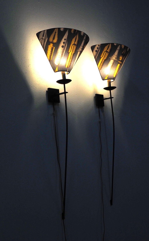 Set Large Iron Wall Lamps / Shadows Fornasetti Fabric 