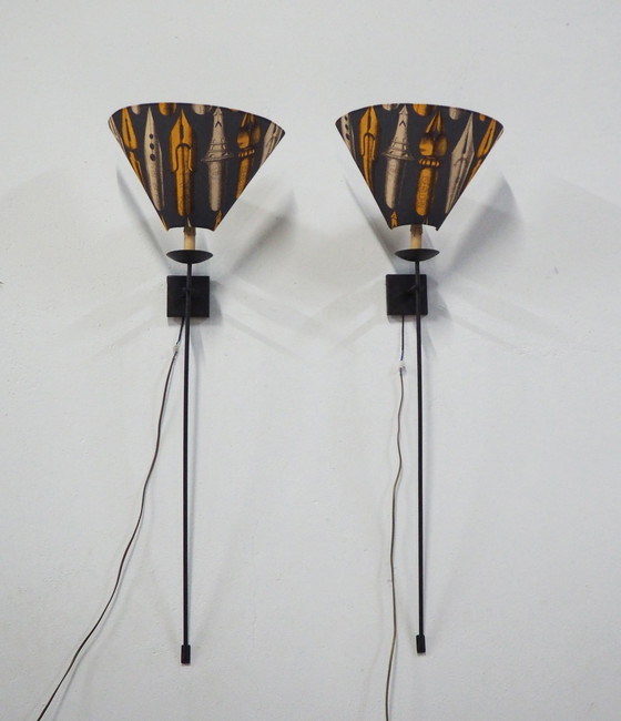 Image 1 of Set Large Iron Wall Lamps / Shadows Fornasetti Fabric 