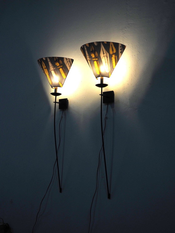 Image 1 of Set Large Iron Wall Lamps / Shadows Fornasetti Fabric 