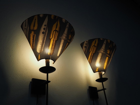 Image 1 of Set Large Iron Wall Lamps / Shadows Fornasetti Fabric 