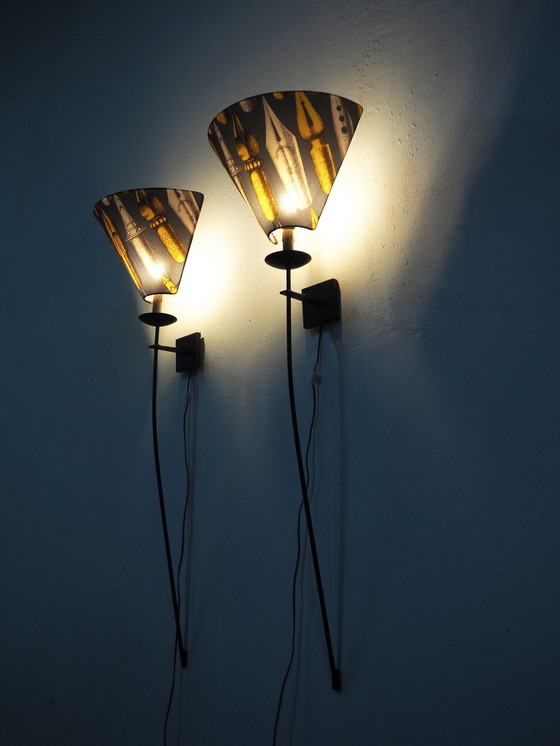 Image 1 of Set Large Iron Wall Lamps / Shadows Fornasetti Fabric 