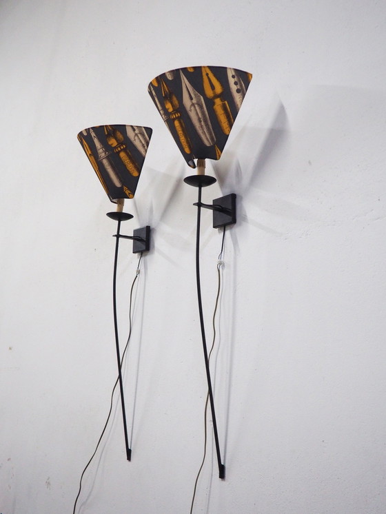 Image 1 of Set Large Iron Wall Lamps / Shadows Fornasetti Fabric 