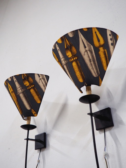 Set Large Iron Wall Lamps / Shadows Fornasetti Fabric 