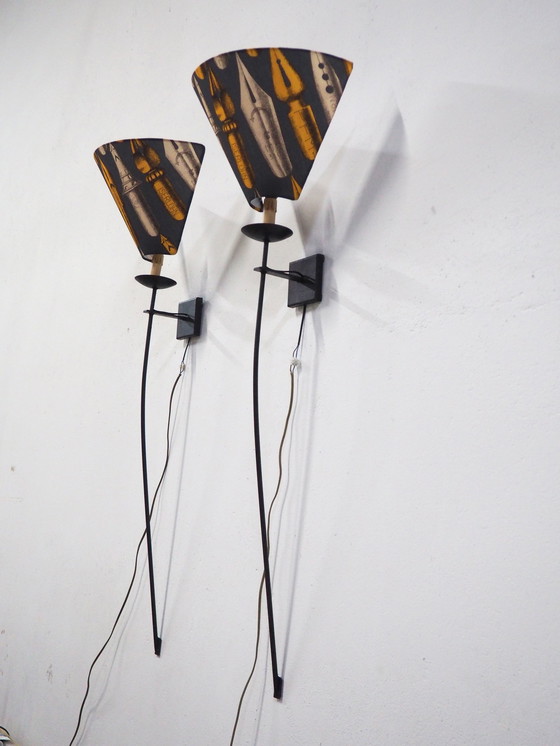 Image 1 of Set Large Iron Wall Lamps / Shadows Fornasetti Fabric 