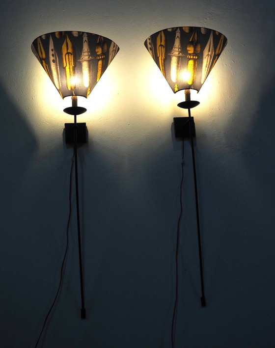 Image 1 of Set Large Iron Wall Lamps / Shadows Fornasetti Fabric 