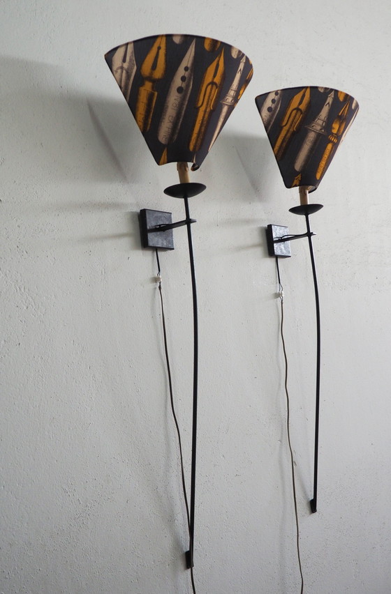 Image 1 of Set Large Iron Wall Lamps / Shadows Fornasetti Fabric 