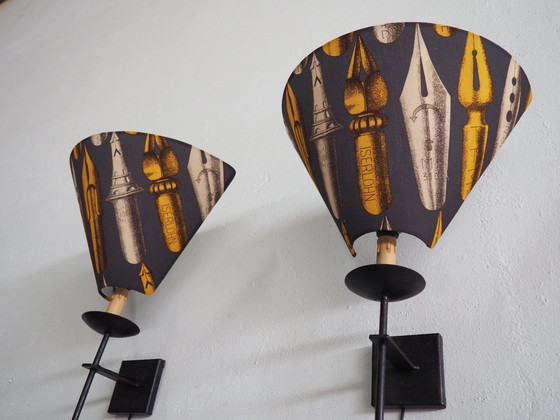 Image 1 of Set Large Iron Wall Lamps / Shadows Fornasetti Fabric 